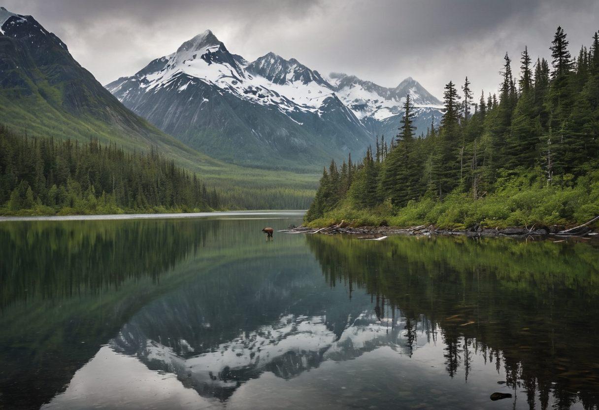 A dramatic Alaskan landscape showcasing towering, snow-capped mountains under a gloomy, overcast sky, with dense, misty forests below. Include a serene, reflective lake with hints of wildlife such as a lone moose drinking at the shore and distant eagles soaring. The scene should evoke a sense of melancholy beauty, emphasizing the wild and rugged terrain. super-realistic. muted colors. panoramic view.