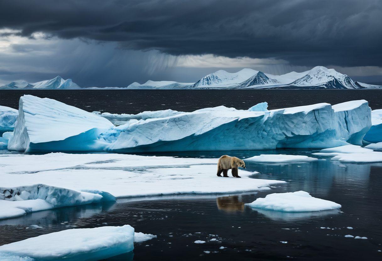 A hauntingly beautiful landscape of Alaska featuring a desolate glacial scene with cracked icebergs and dark storm clouds looming overhead. In the foreground, showcase a lonely polar bear gazing at a distant, fading horizon, evoking a sense of despair. Contrast the cold, melancholic nature of the setting with splashes of vibrant wildlife like a flock of migrating birds taking flight. Emphasize the intricate textures of the ice and fur for a gripping experience. super-realistic. moody colors. dramatic lighting.