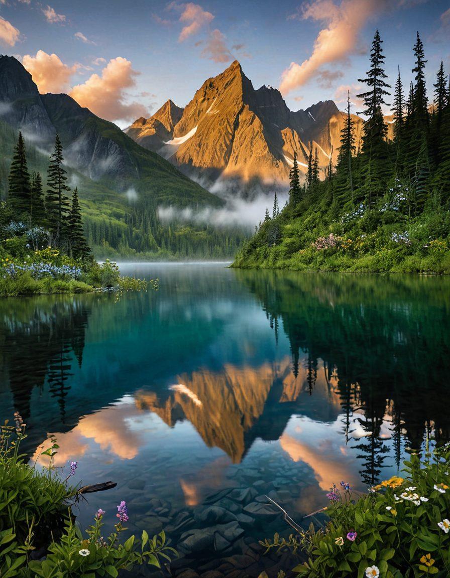 A breathtaking landscape of Alaska showcasing a vast, tranquil blue heart-shaped lake surrounded by rugged mountains and lush green forests. Misty clouds gently hug the peaks, and a subtle sunset casts a warm glow over the scene, reflecting in the lake’s surface. Wisps of fog drift through the air, creating a sense of mystery and calm. Include delicate wildflowers in the foreground to enhance the natural beauty. super-realistic. vibrant colors. tranquil mood.